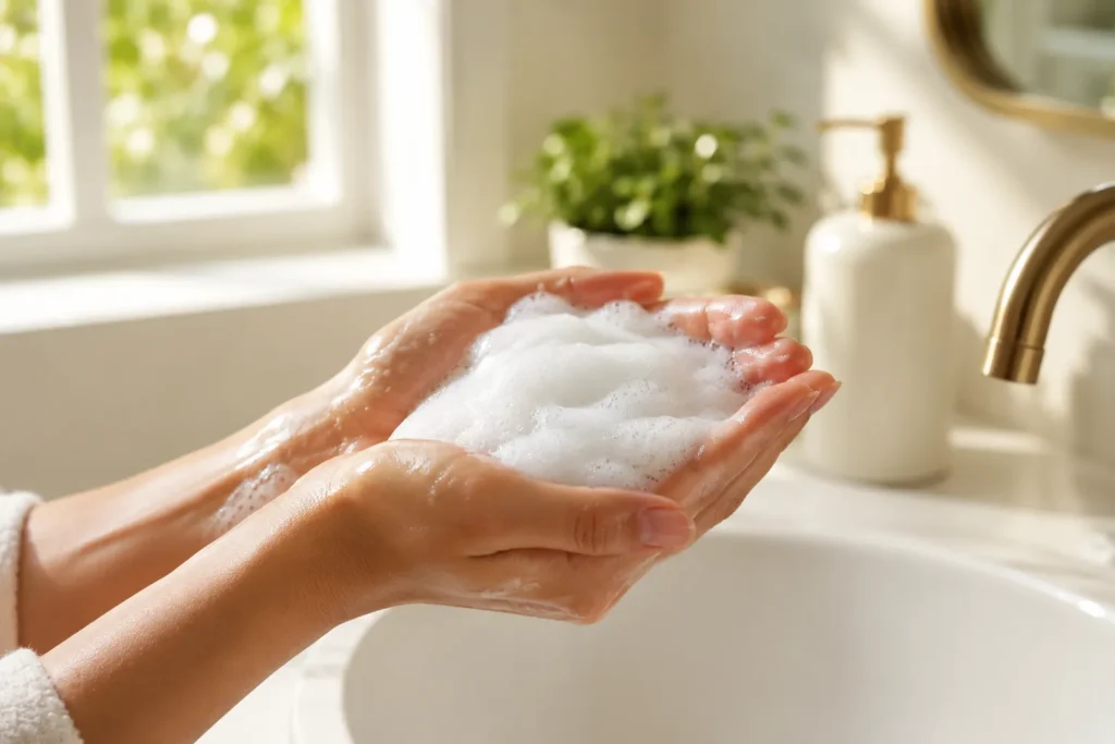 11 Healthy Skin Care Essentials for Glowing Skin 2 "Woman washing face with gentle cream cleanser in morning light"