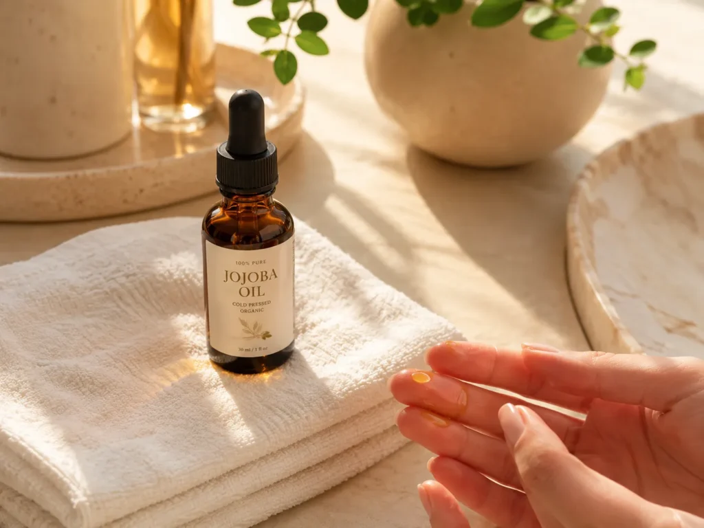 12 Jojoba Oil Benefits for Healthy Glowing Skin 2 Golden jojoba oil dropper bottle next to a clean towel for an oily skin routine