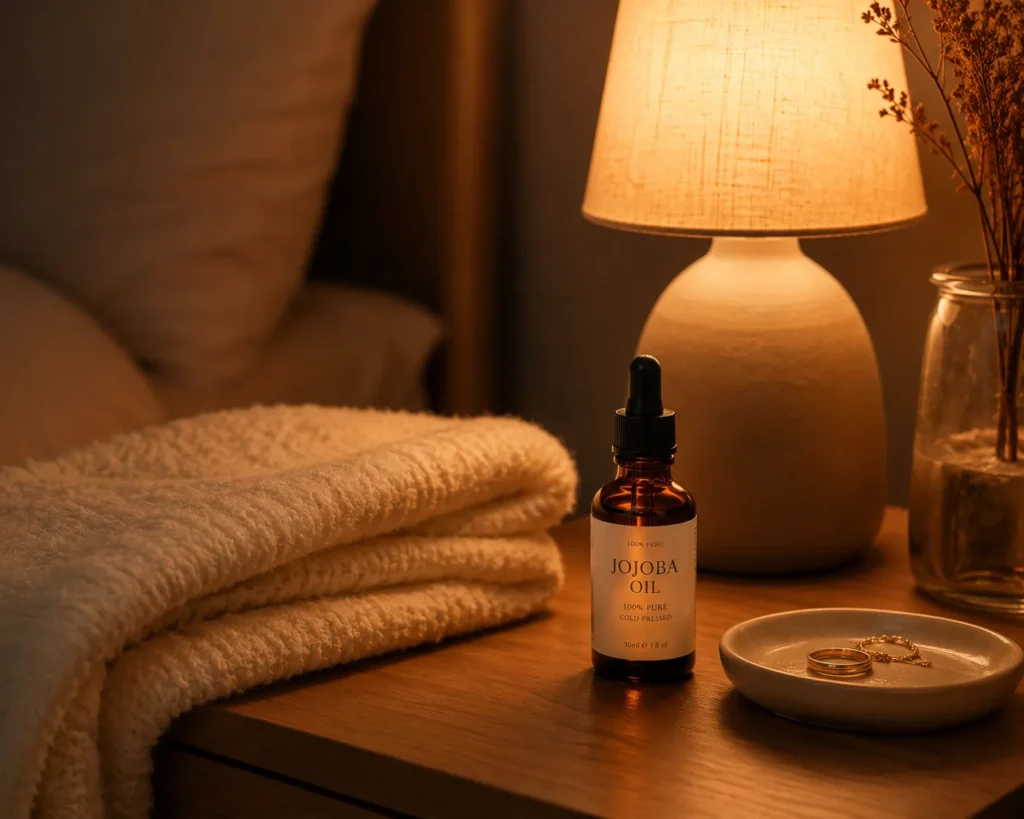 12 Jojoba Oil Benefits for Healthy Glowing Skin 4 Nighttime jojoba oil routine setup on a bedside table for dry skin