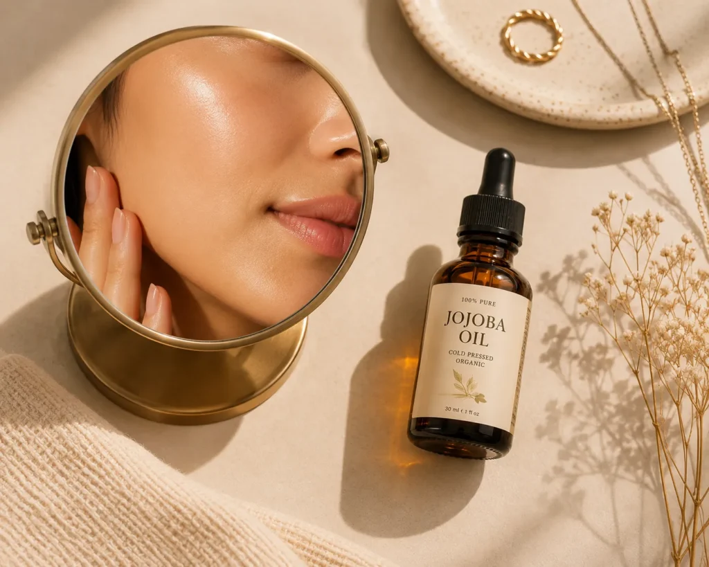 12 Jojoba Oil Benefits for Healthy Glowing Skin 6 Jojoba oil bottle with mirror reflecting even skin tone