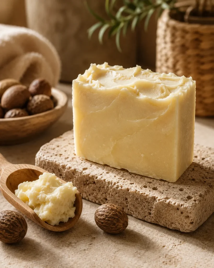 10 Best Soap for Dry Skin That Feels Soft All Day 4 Shea butter bar soap on a stone dish with raw shea butter, rich soap for rough dry patches
