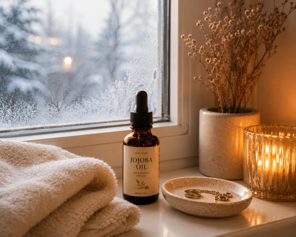 12 Jojoba Oil Benefits for Healthy Glowing Skin 8 Cold weather skin care setup with jojoba oil for calming redness