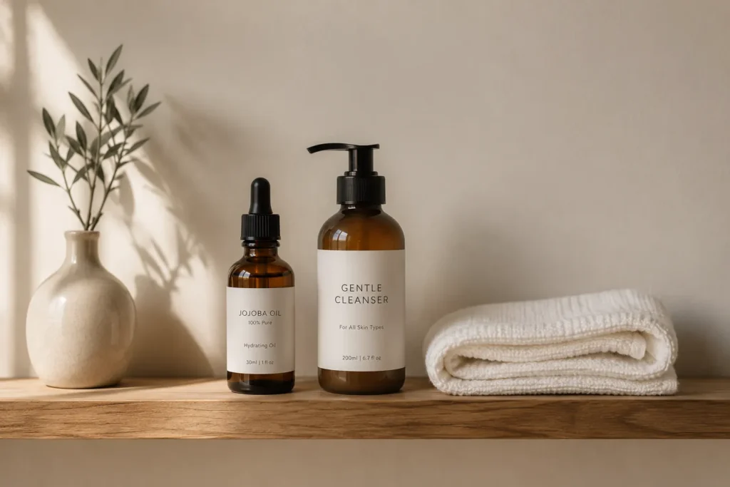 12 Jojoba Oil Benefits for Healthy Glowing Skin 10 Minimal skin care shelf featuring jojoba oil for barrier repair