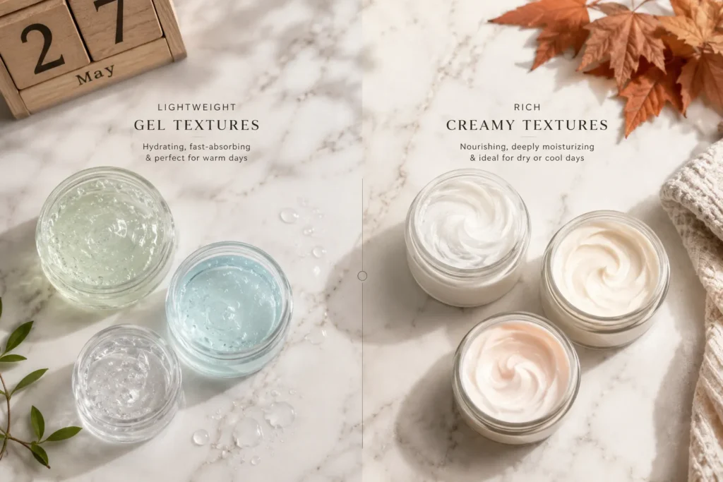 12 Skin Concern Secrets for a Healthy Glow 2 Lightweight gel and rich cream moisturizers grouped for seasonal skin care switching