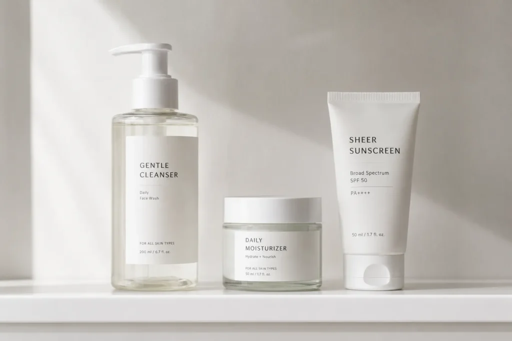 12 Skin Concern Secrets for a Healthy Glow 4 Simple gentle skin care routine of cleanser, moisturizer, and sunscreen for barrier repair