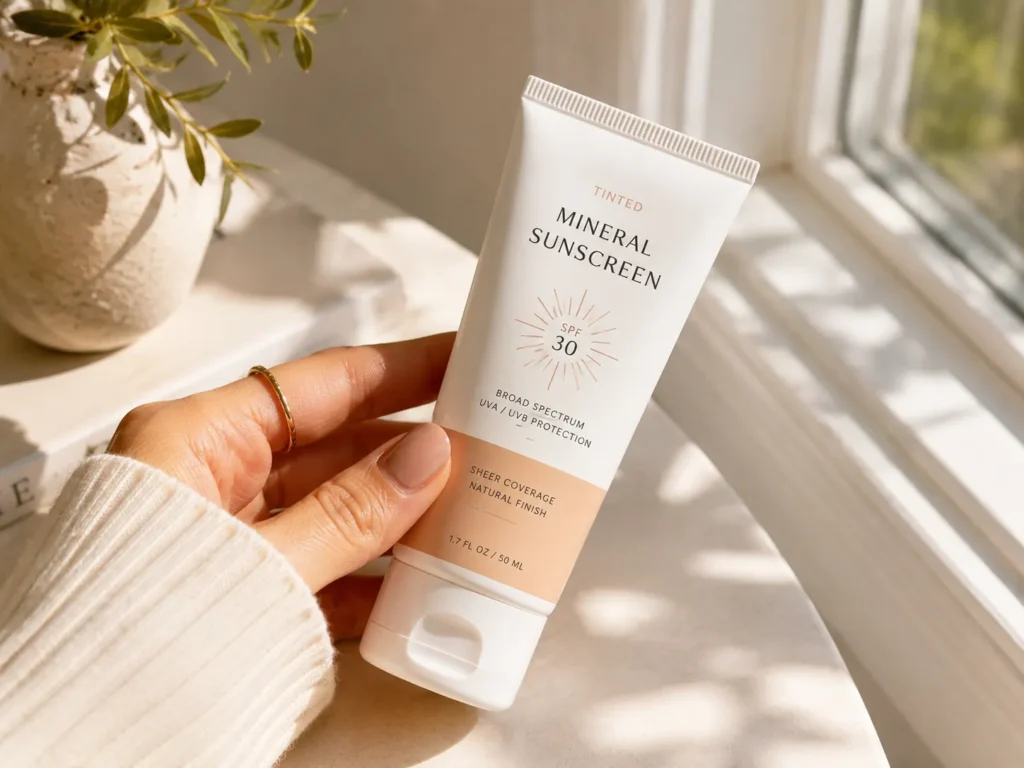 12 Skin Concern Secrets for a Healthy Glow 6 Tinted mineral sunscreen tube near a sunny window for daily sun protection