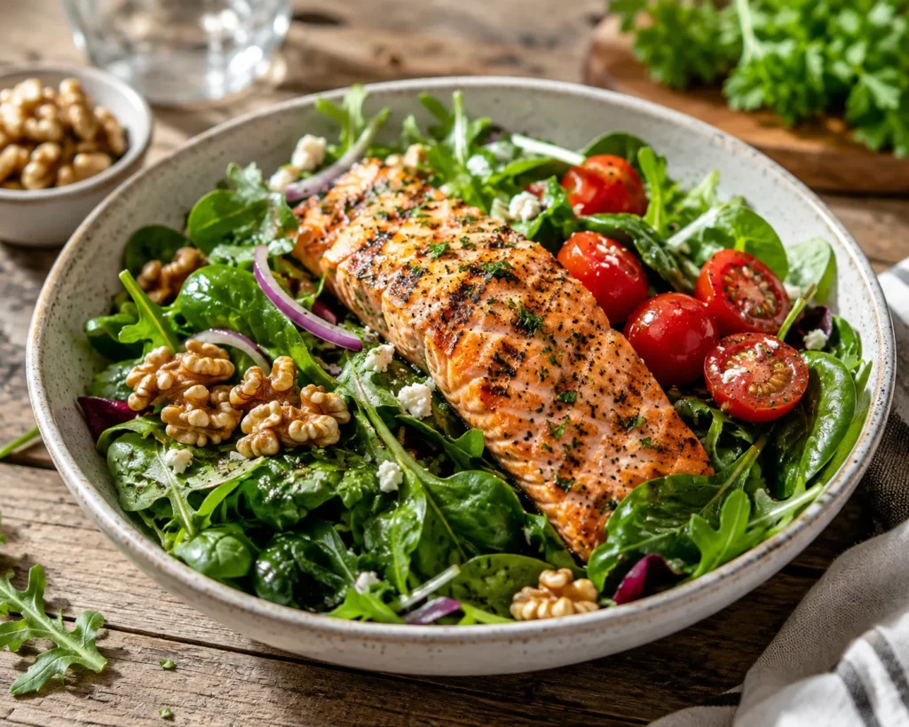 12 Skin Concern Secrets for a Healthy Glow 8 Bowl of salmon, leafy greens, and walnuts for skin supporting nutrition