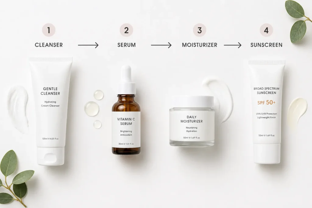 12 Skin Concern Secrets for a Healthy Glow 10 Flat lay of skin care products arranged in correct thinnest to thickest order