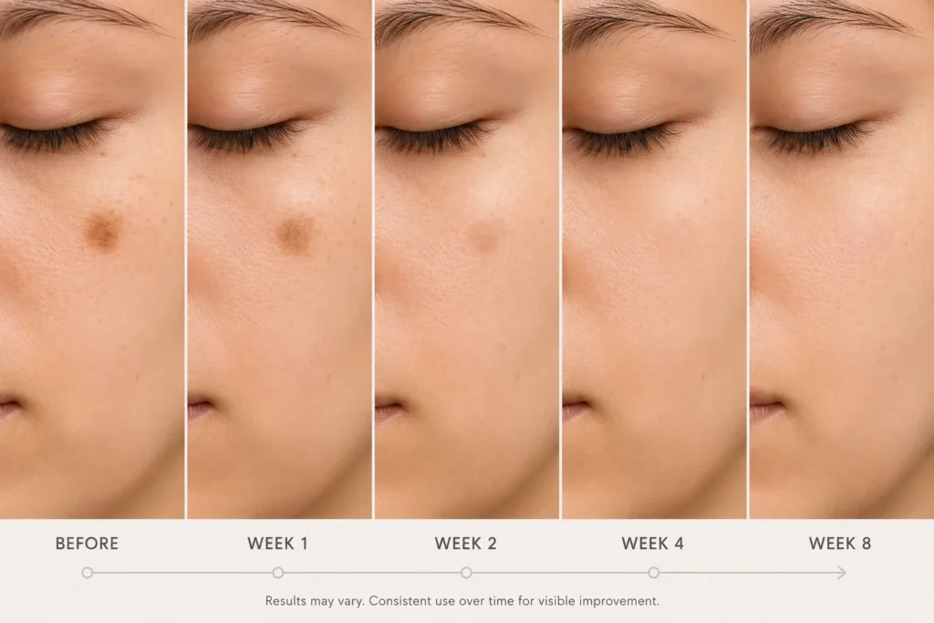 12 Skin Concern Secrets for a Healthy Glow 12 A side by side before and after style composition showing gradual fading of a small dark spot on skin over several weeks, soft natural lighting, clean neutral background, subtle progression shown through lighter tone shading, editorial skin care photography"