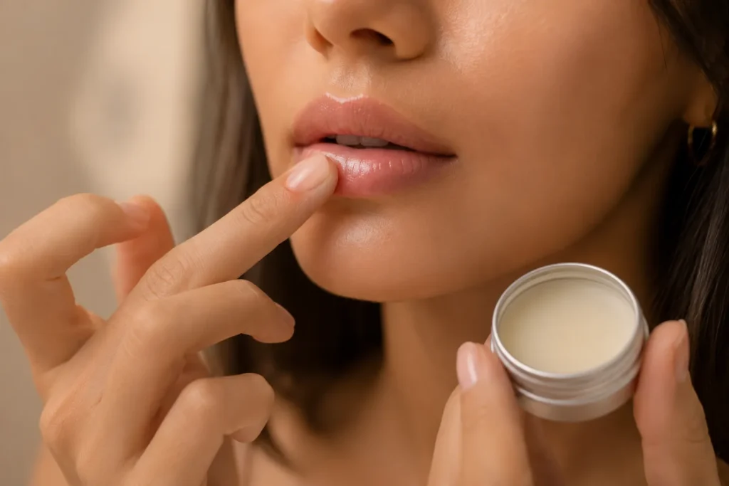 10 Soft Lips Secrets for a Naturally Smooth Smile 2 Woman applying lip balm with soft natural lighting for smooth, hydrated lips