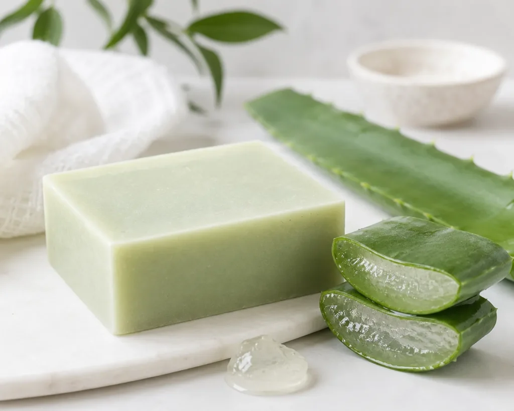 10 Best Soap for Dry Skin That Feels Soft All Day 6 Colloidal oatmeal and aloe soap bar next to a cut aloe vera leaf, calming soap for irritated dry skin