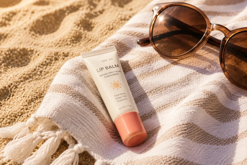 10 Soft Lips Secrets for a Naturally Smooth Smile 6 SPF lip balm tube on a beach towel for sun protected lips