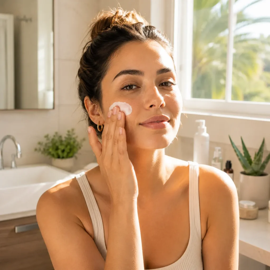 14 Sun Cream Benefits for Beautiful, Healthy Skin 3 Woman applying sun cream to her face in a bright morning bathroom