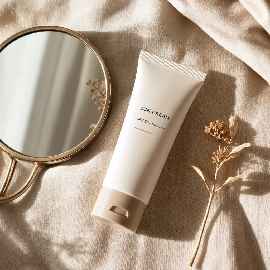 14 Sun Cream Benefits for Beautiful, Healthy Skin 5 Flat lay of a sun cream bottle next to a small hand mirror