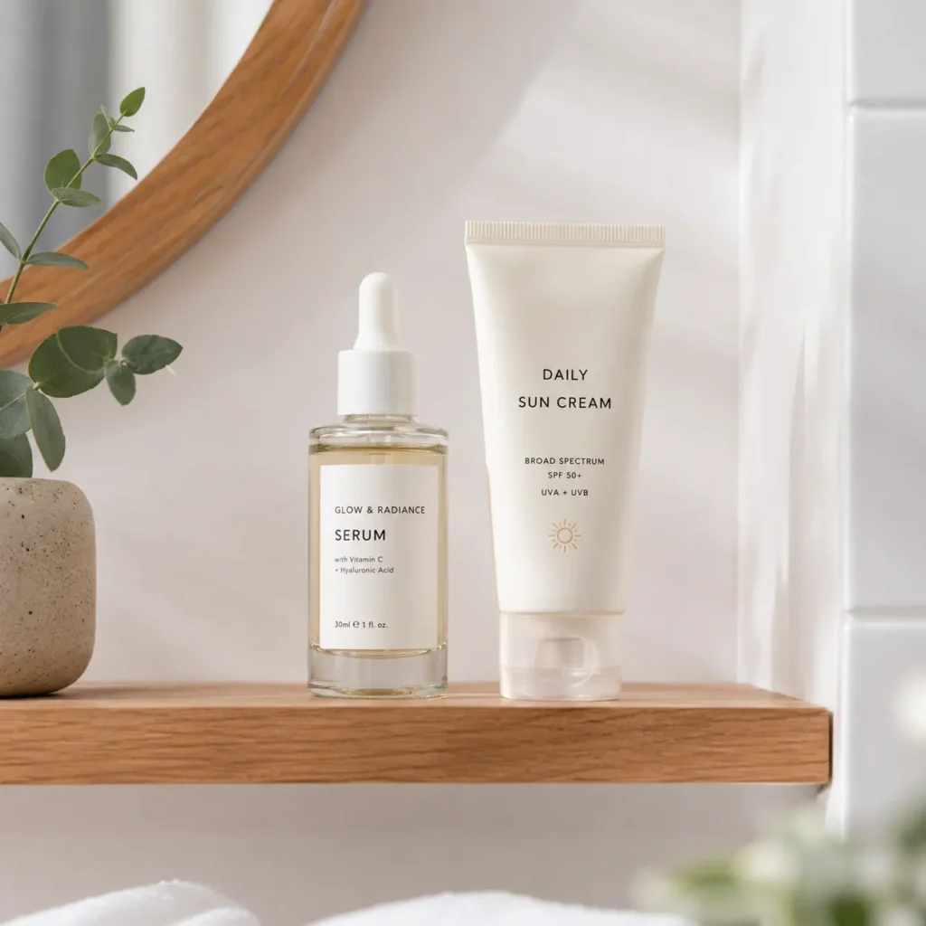 14 Sun Cream Benefits for Beautiful, Healthy Skin 7 Skin care shelf with a serum bottle and sun cream tube side by side