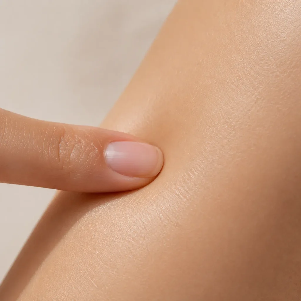 14 Sun Cream Benefits for Beautiful, Healthy Skin 9 Close up of a fingertip pressing into smooth, elastic skin
