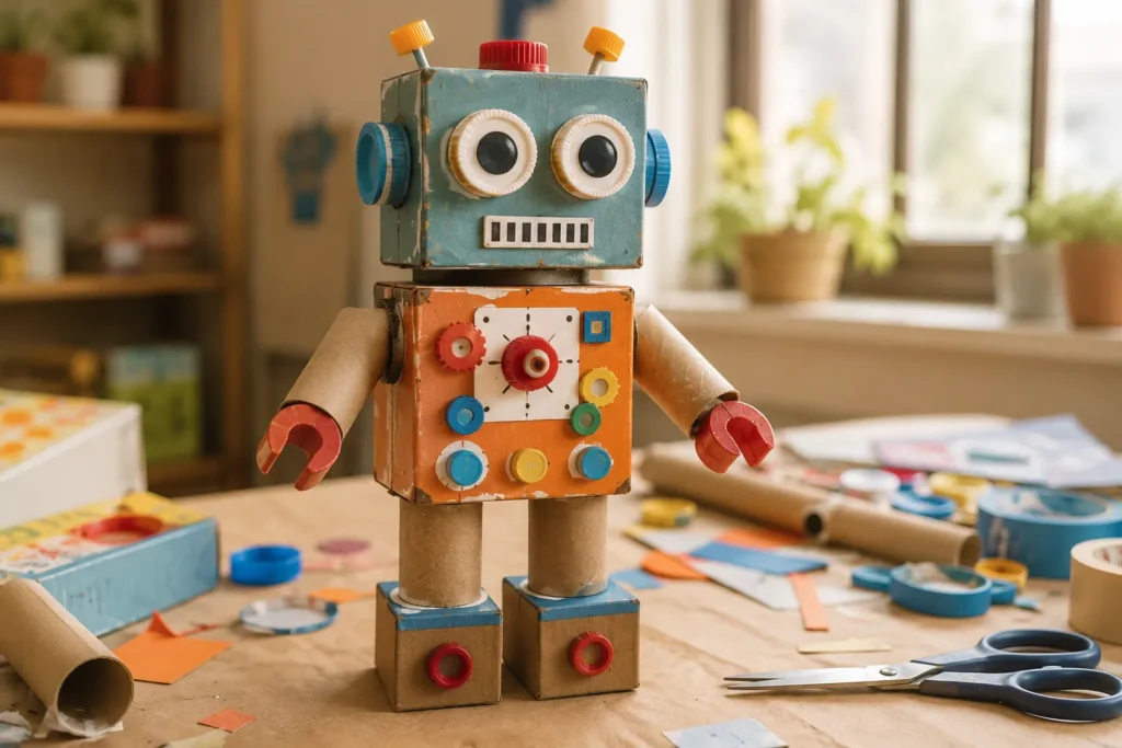 12 Kids Activities That Spark Creativity at Home Today 6 Homemade robot sculpture made from recycled cereal boxes and bottle caps