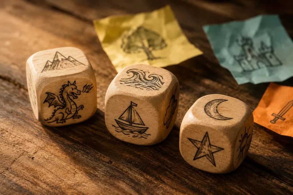 12 Kids Activities That Spark Creativity at Home Today 10 Wooden story dice with hand drawn picture prompts for storytelling