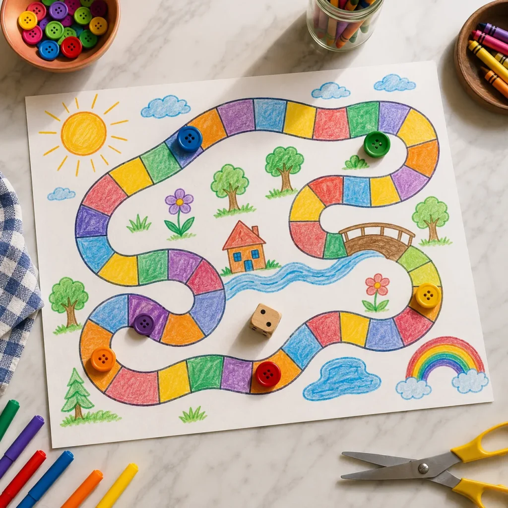 12 Kids Activities That Spark Creativity at Home Today 12 Homemade board game on poster board with button game pieces