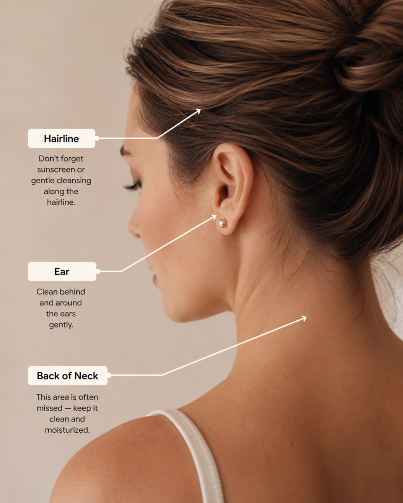 11 Sunscreen Ideas for Effortless Daily Sun Protection 7 Diagram highlighting the ears, neck, and hairline as commonly missed sunscreen spots