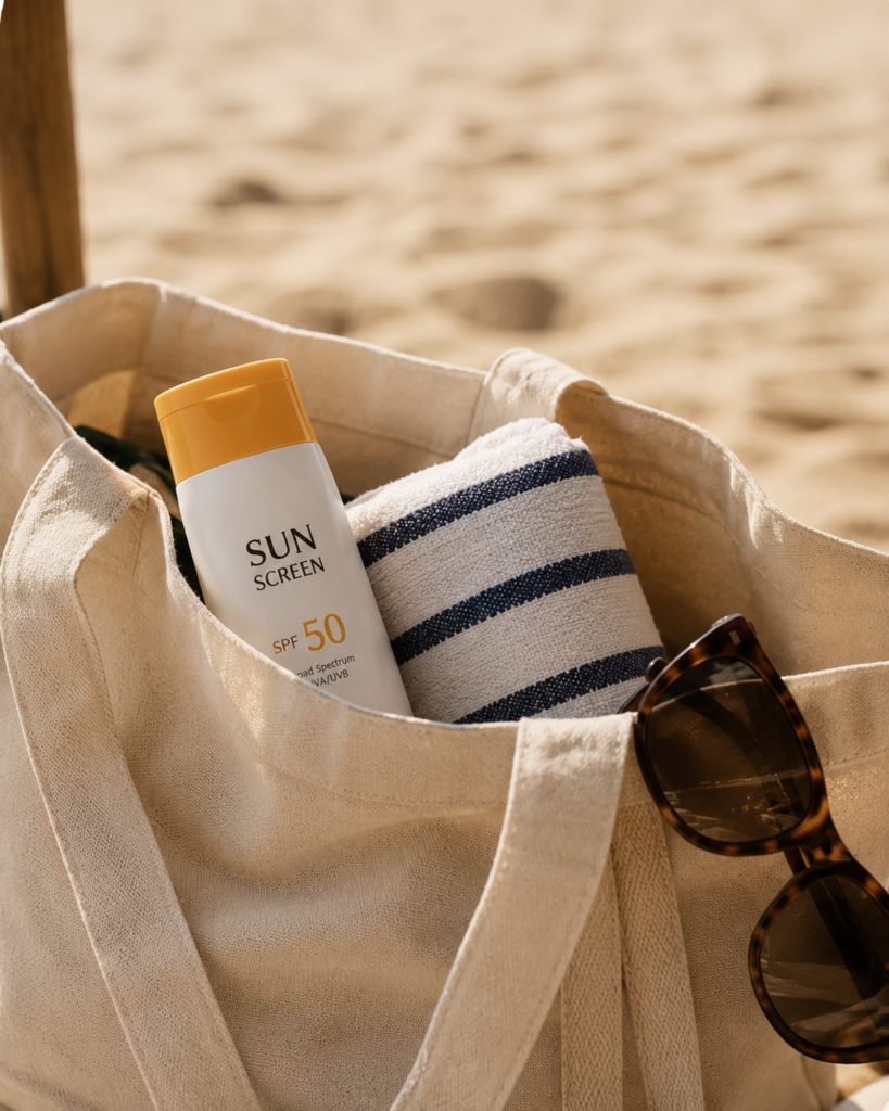11 Sunscreen Ideas for Effortless Daily Sun Protection 9 Sunscreen bottle stored in the shade inside a beach bag