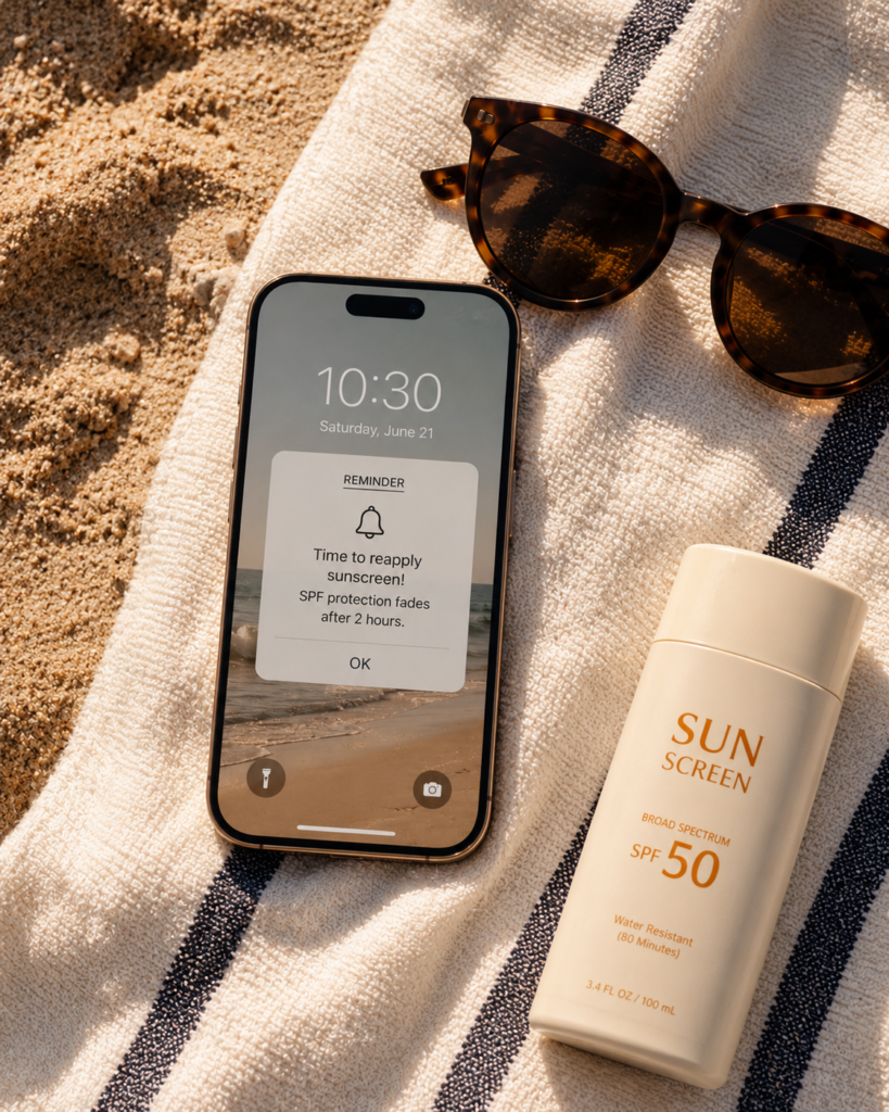 11 Sunscreen Ideas for Effortless Daily Sun Protection 11 Phone reminder for reapplying sunscreen during a day at the beach