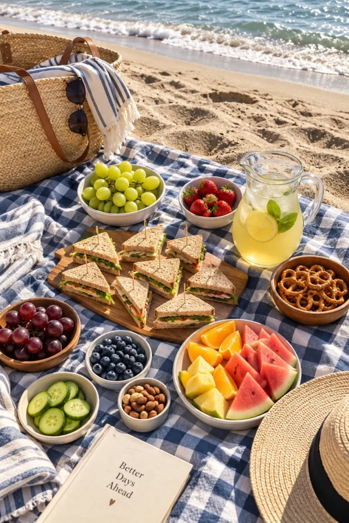 10 Beach Fun Must-Try Ideas for Endless Smiles 3 Checkered picnic blanket on sand with sandwiches, fruit, and drinks for a beach picnic"