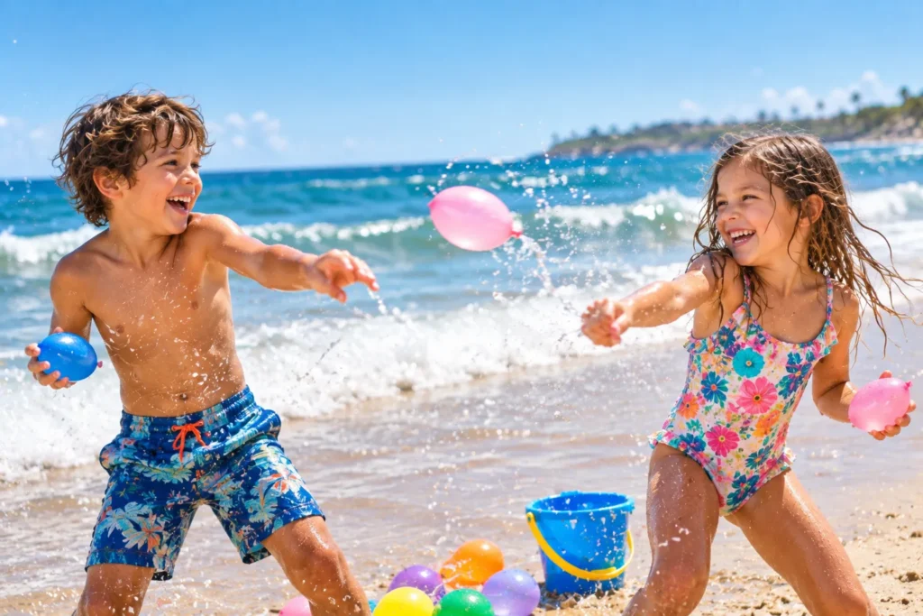10 Beach Fun Must-Try Ideas for Endless Smiles 5 Kids playing with colorful water balloons near the ocean shoreline"
