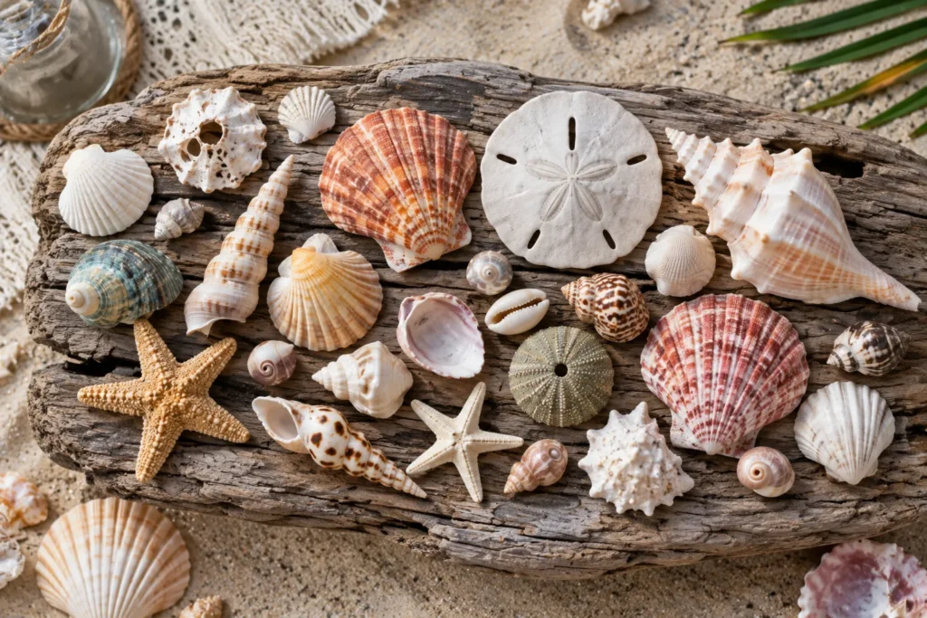 10 Beach Fun Must-Try Ideas for Endless Smiles 7 Flat lay of seashells arranged in a pattern on driftwood for a beach craft"