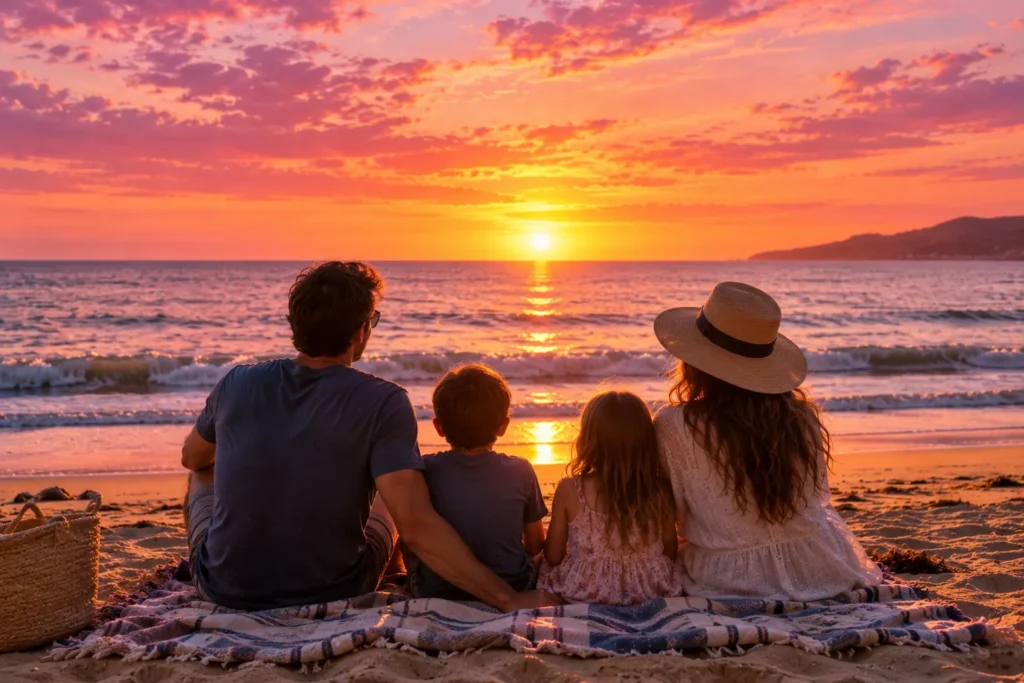 10 Beach Fun Must-Try Ideas for Endless Smiles 9 Family watching a colorful sunset over the ocean from a beach blanket"