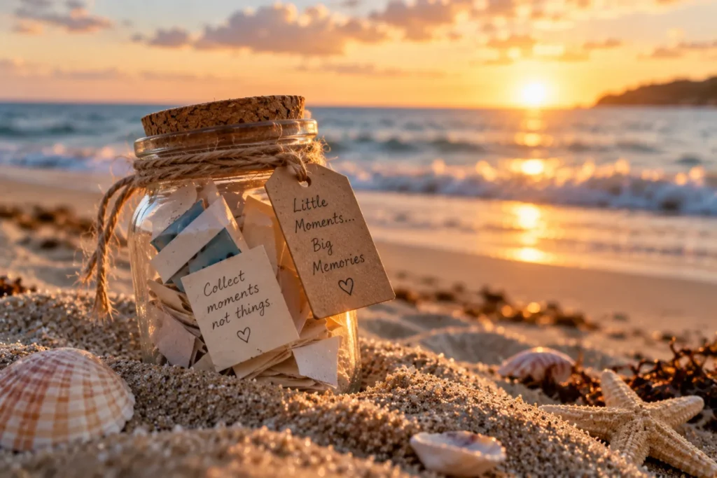 10 Beach Fun Must-Try Ideas for Endless Smiles 11 "Small glass jar filled with handwritten notes sitting in beach sand"