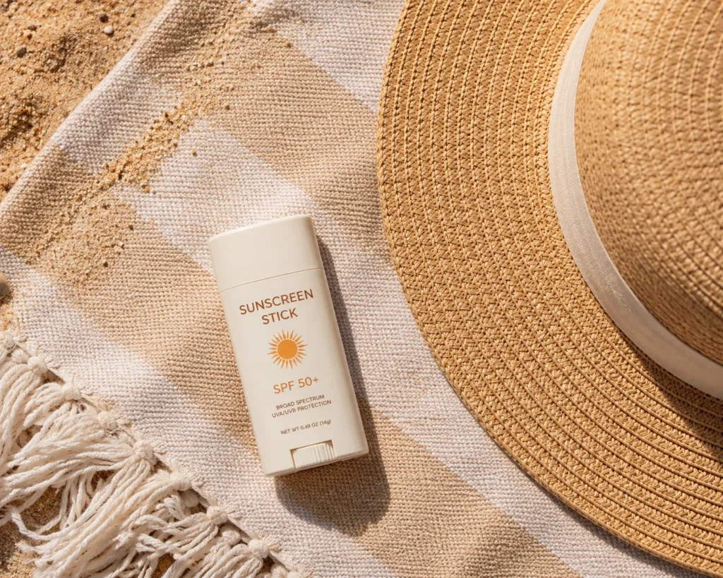 11 Beach Kids Ideas for a Perfect Family Beach Day 3 Stick sunscreen and wide brim sun hat for kids' beach sun protection