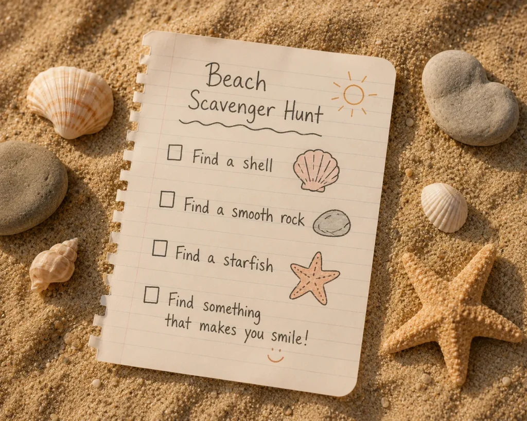 11 Beach Kids Ideas for a Perfect Family Beach Day 5 Handwritten beach scavenger hunt list with shells and rocks for kids