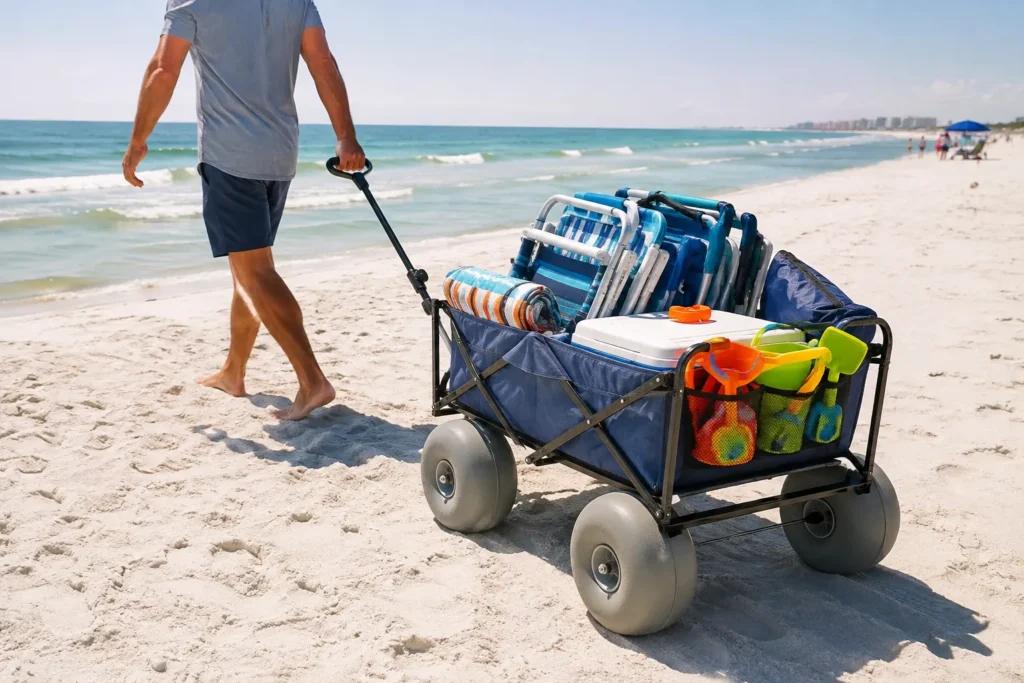 11 Beach Kids Ideas for a Perfect Family Beach Day 7 Beach wagon with wide wheels loaded with gear on the sand