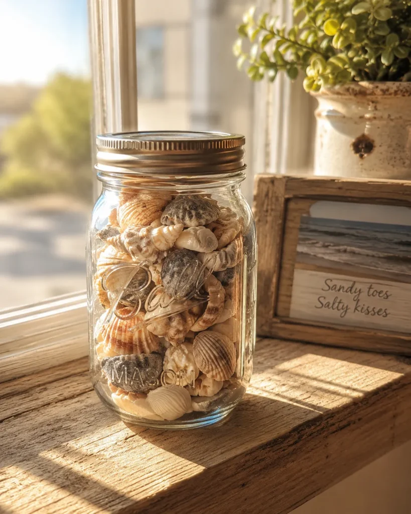 11 Beach Kids Ideas for a Perfect Family Beach Day 9 Mason jar filled with shells as a beach keepsake project
