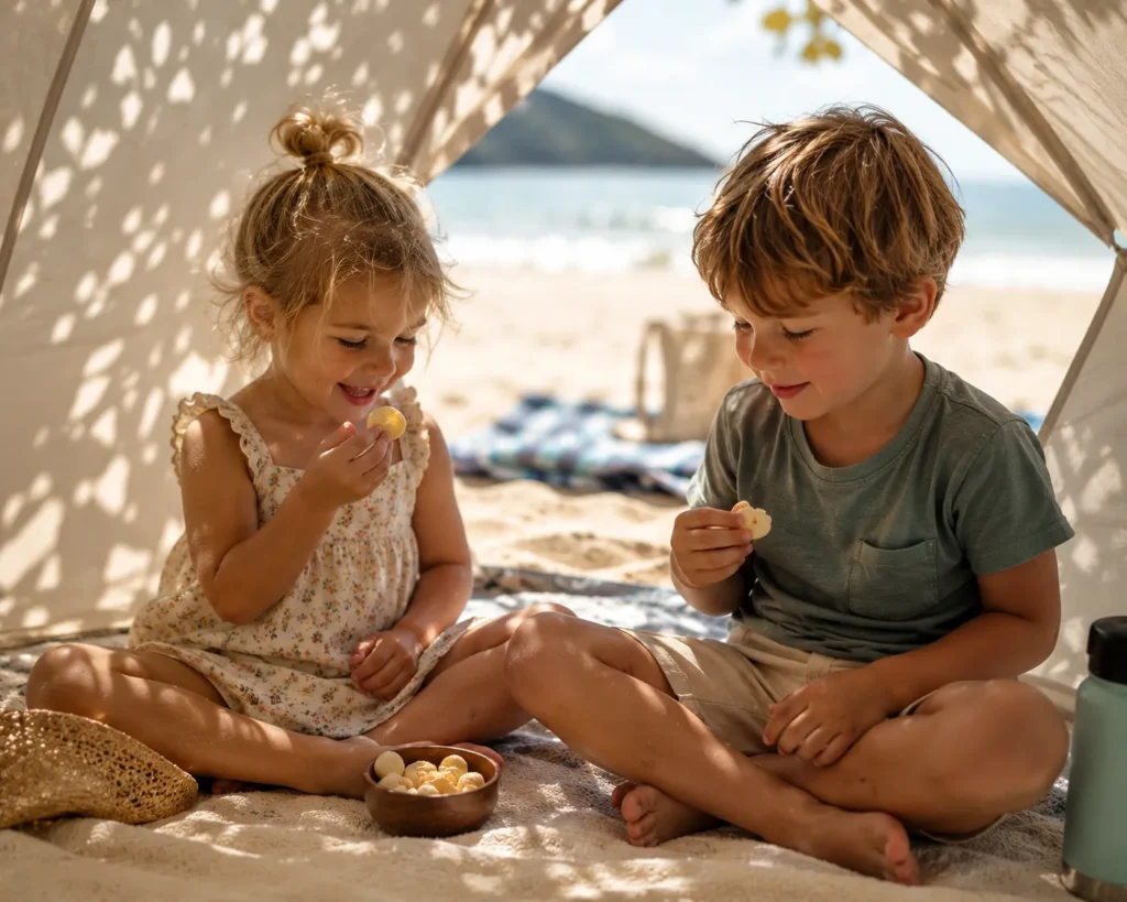 11 Beach Kids Ideas for a Perfect Family Beach Day 11 Kids resting under a beach tent during a midday break
