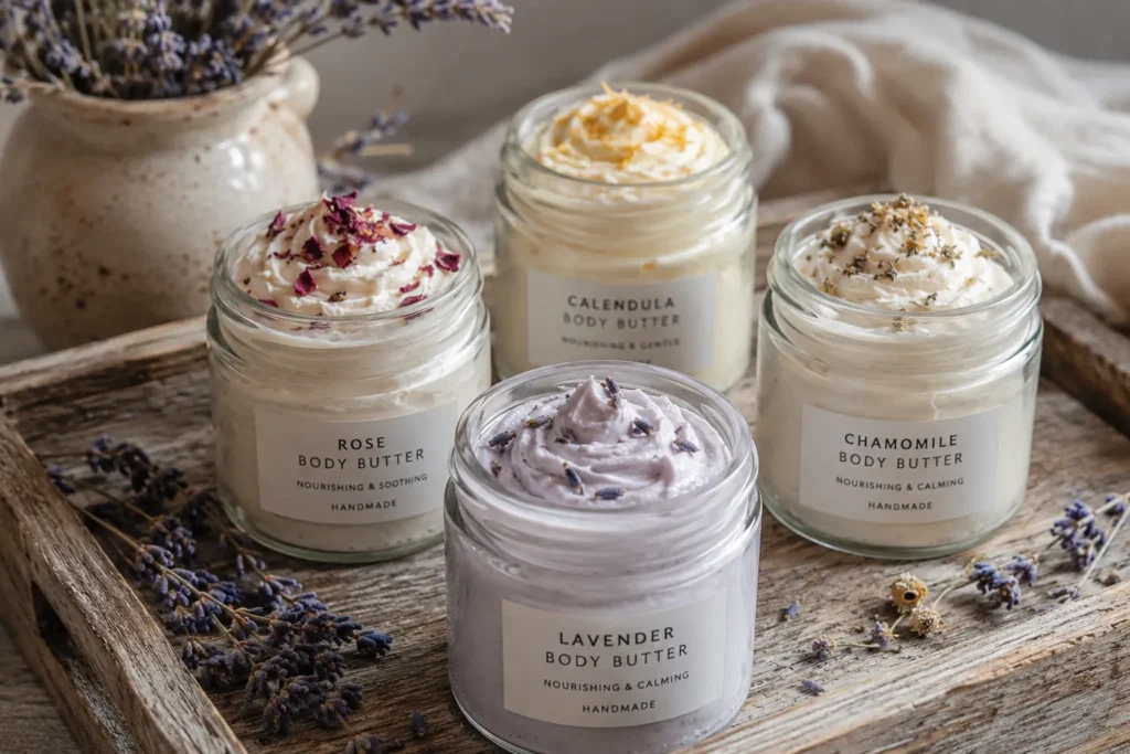 10 Beauty Business Ideas Perfect for Beauty Lovers 3 Small handmade skin care jars filled with whipped body butter surrounded by dried botanicals