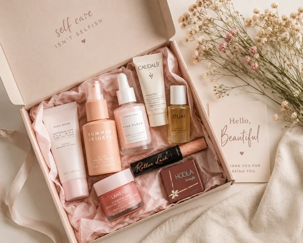 10 Beauty Business Ideas Perfect for Beauty Lovers 7 Flat lay of a curated beauty subscription box with mini beauty products and tissue paper