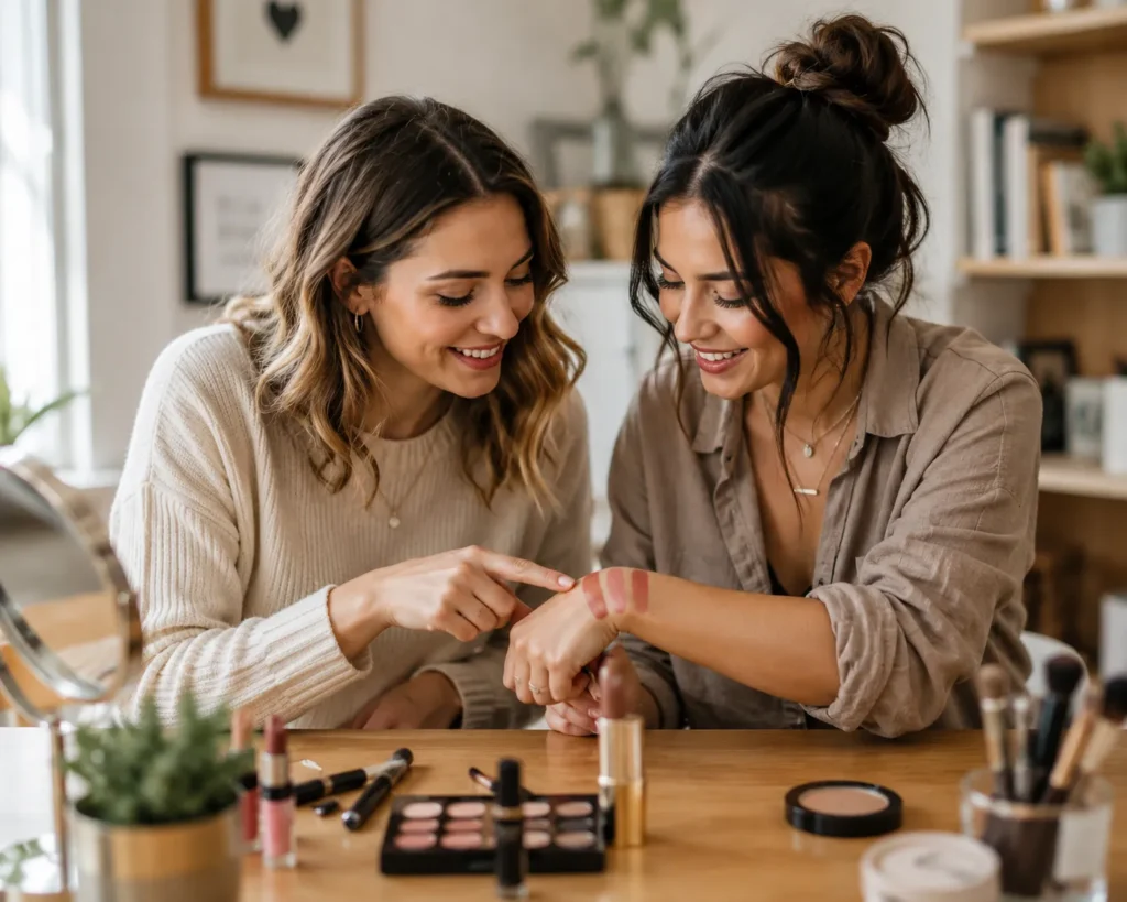 10 Beauty Business Ideas Perfect for Beauty Lovers 9 Two women sitting together reviewing makeup swatches on a table during a styling session