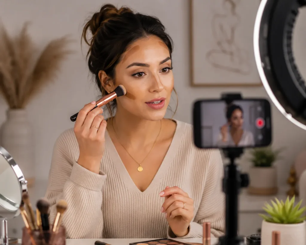 10 Beauty Business Ideas Perfect for Beauty Lovers 11 Woman filming a beauty tutorial showing a contouring technique on camera