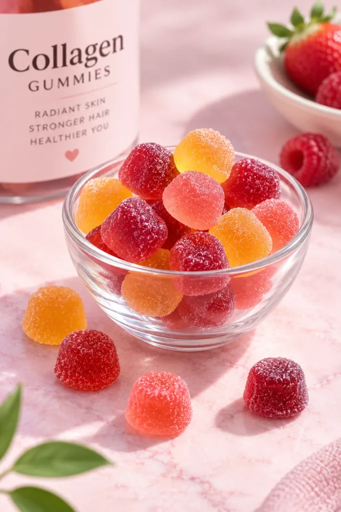 10 Collagen Supplements for Glowing Skin and Hair 5 Chewable collagen gummies in a small glass bowl