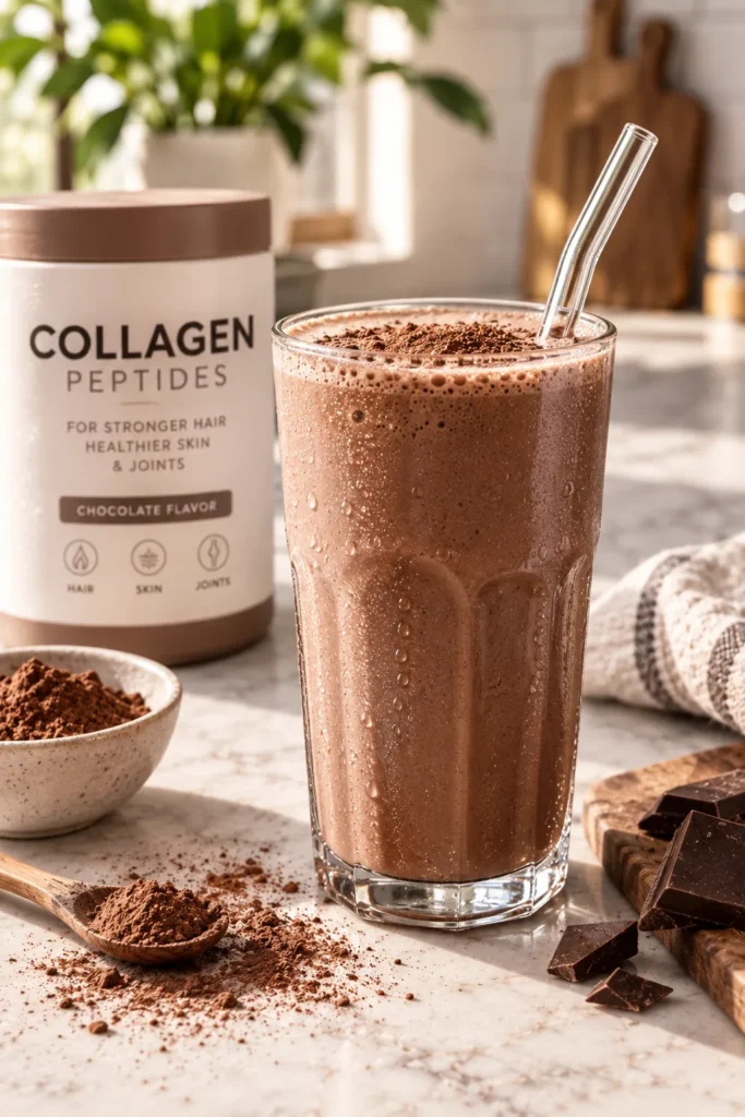 10 Collagen Supplements for Glowing Skin and Hair 9 Chocolate flavored collagen shake in a tall glass with a straw