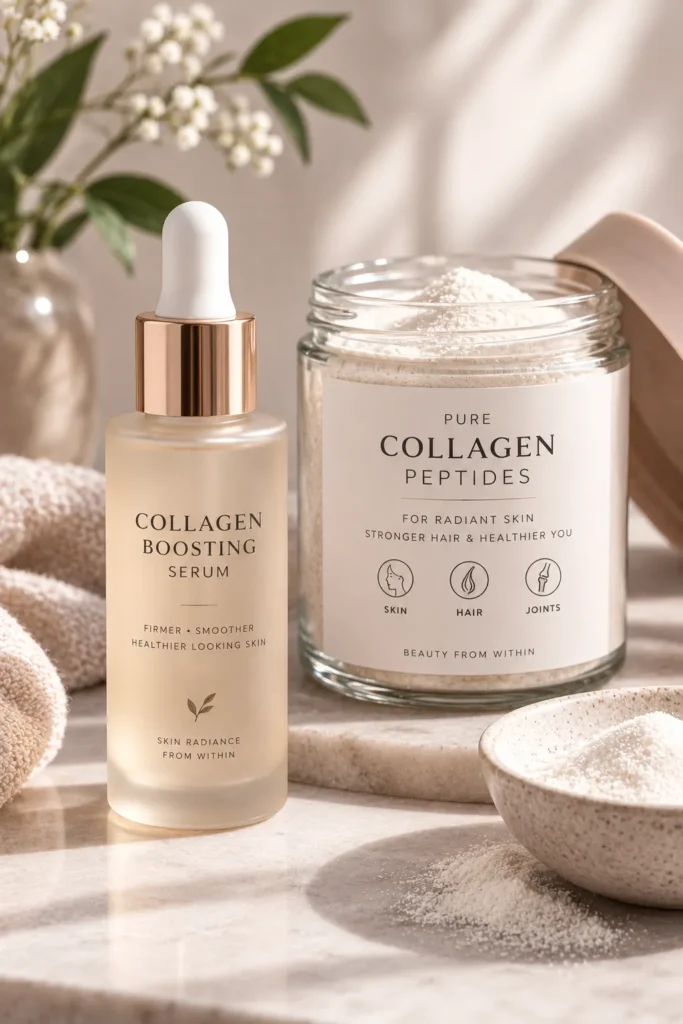 10 Collagen Supplements for Glowing Skin and Hair 11 Collagen boosting serum bottle next to a jar of collagen powder