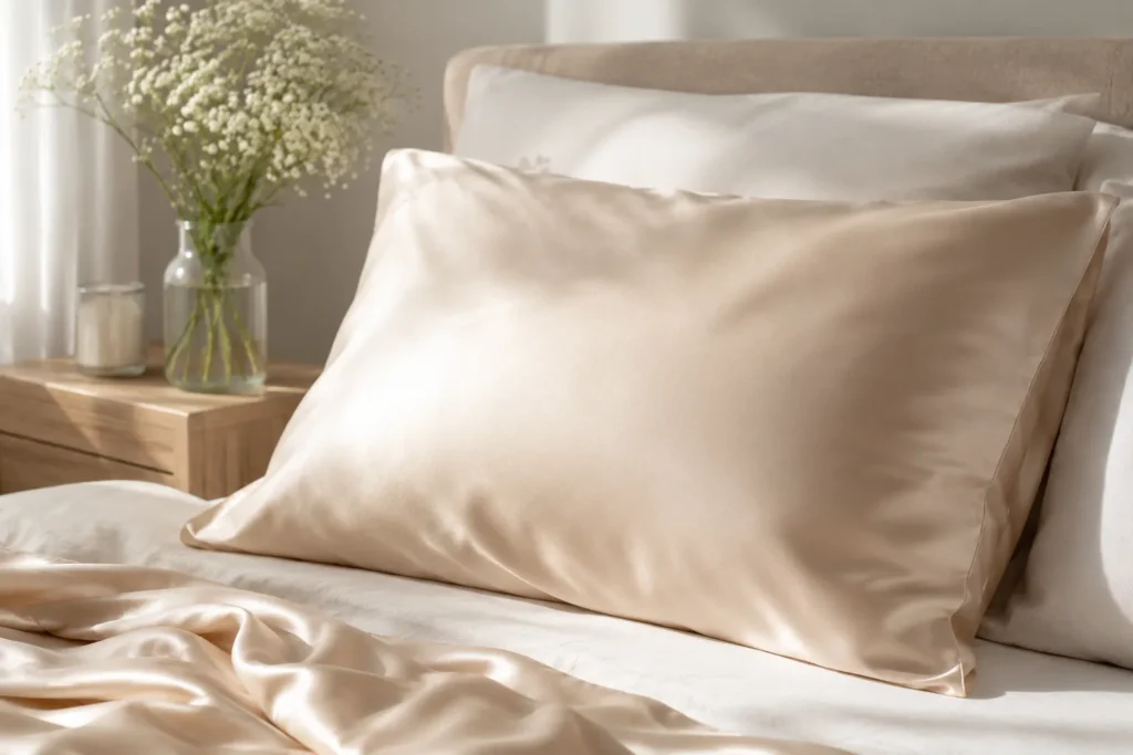 10 Daily Skin Care Habits for Beautiful Skin Every Day 5 Clean silk pillowcase on a neatly made bed