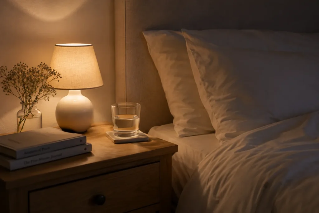 10 Daily Skin Care Habits for Beautiful Skin Every Day 7 Cozy nightstand with a low lamp and glass of water at bedtime
