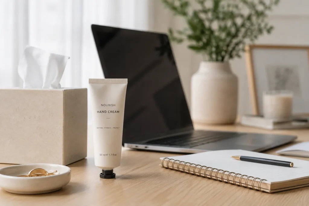 10 Daily Skin Care Habits for Beautiful Skin Every Day 9 Tidy desk with hand cream and tissue box near a laptop