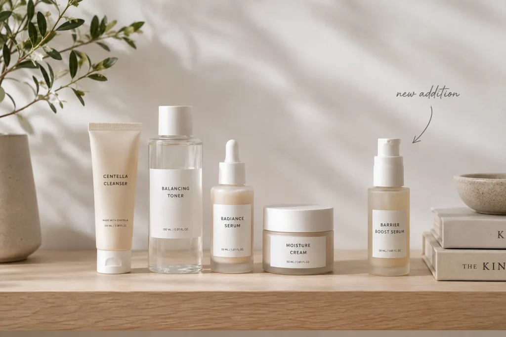 10 Daily Skin Care Habits for Beautiful Skin Every Day 11 Skin care shelf with a few products lined up including one new item