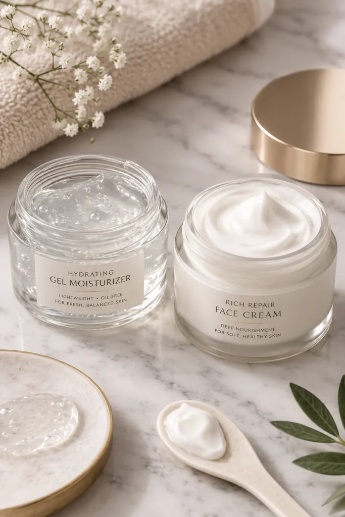 10 Facial Moisturizer Mistakes to Avoid Today 3 Two facial moisturizer jars showing a light gel texture and a rich cream texture side by side