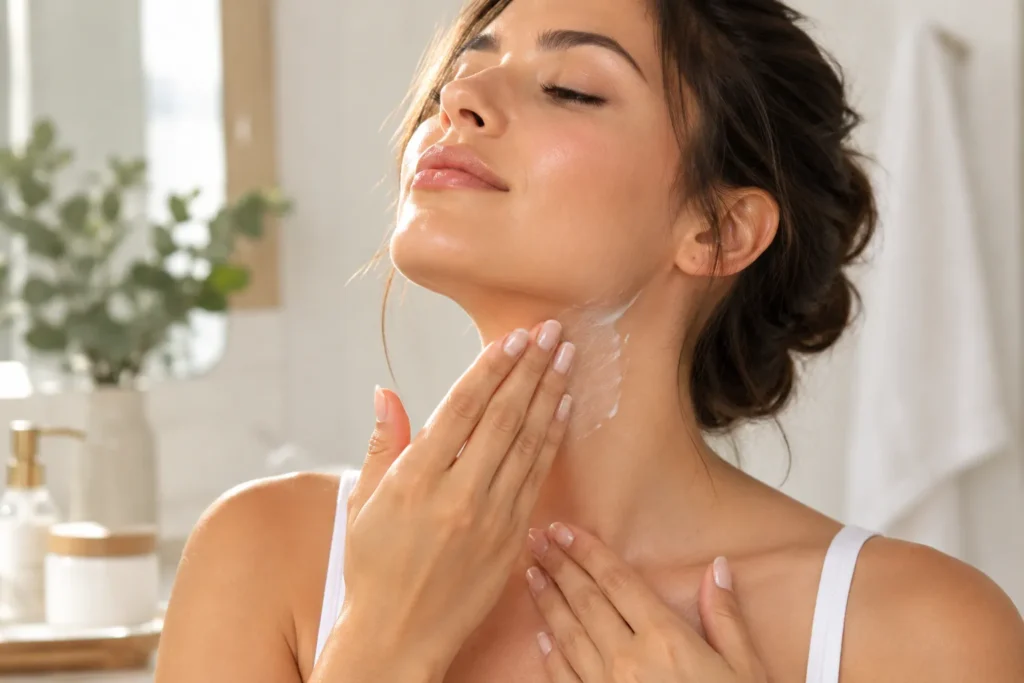 10 Facial Moisturizer Mistakes to Avoid Today 7 Woman applying moisturizer down her neck and jawline