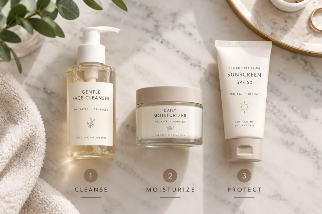 10 Facial Moisturizer Mistakes to Avoid Today 9 Flat lay of skin care routine order, cleanser, moisturizer, and sunscreen
